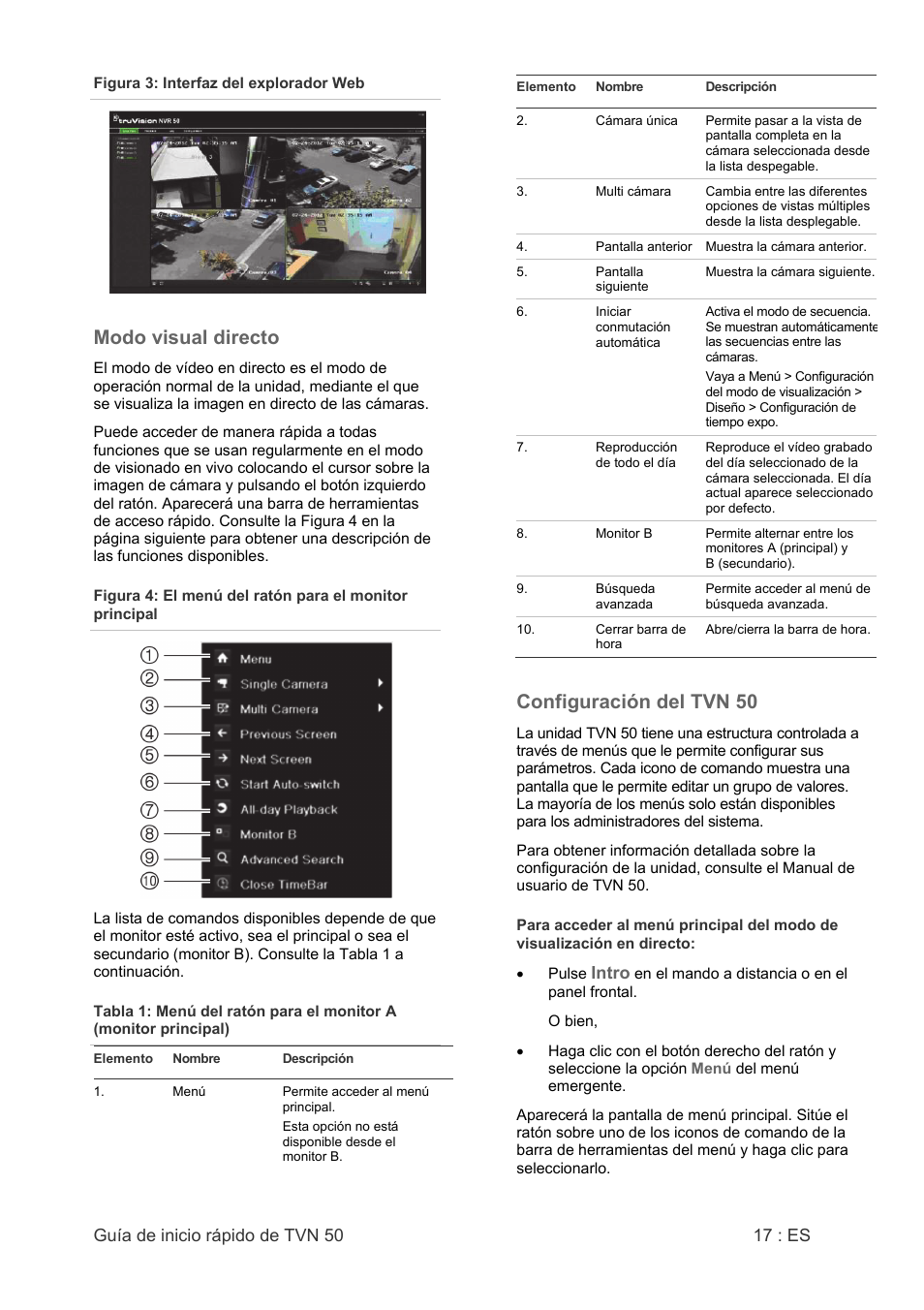 Modo visual directo, Configuración del tvn 50, Guía de inicio rápido de tvn 50 17 : es | Intro | Interlogix NVR 50 Quick Start User Manual | Page 19 / 64