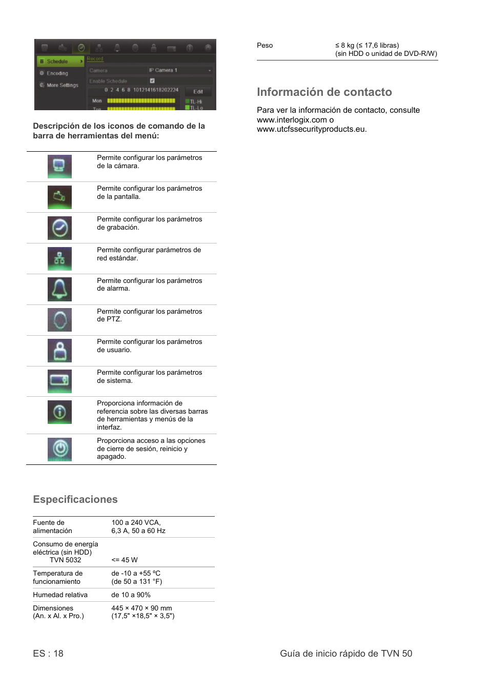 Información de contacto, Especificaciones | Interlogix NVR 50 Quick Start User Manual | Page 20 / 64