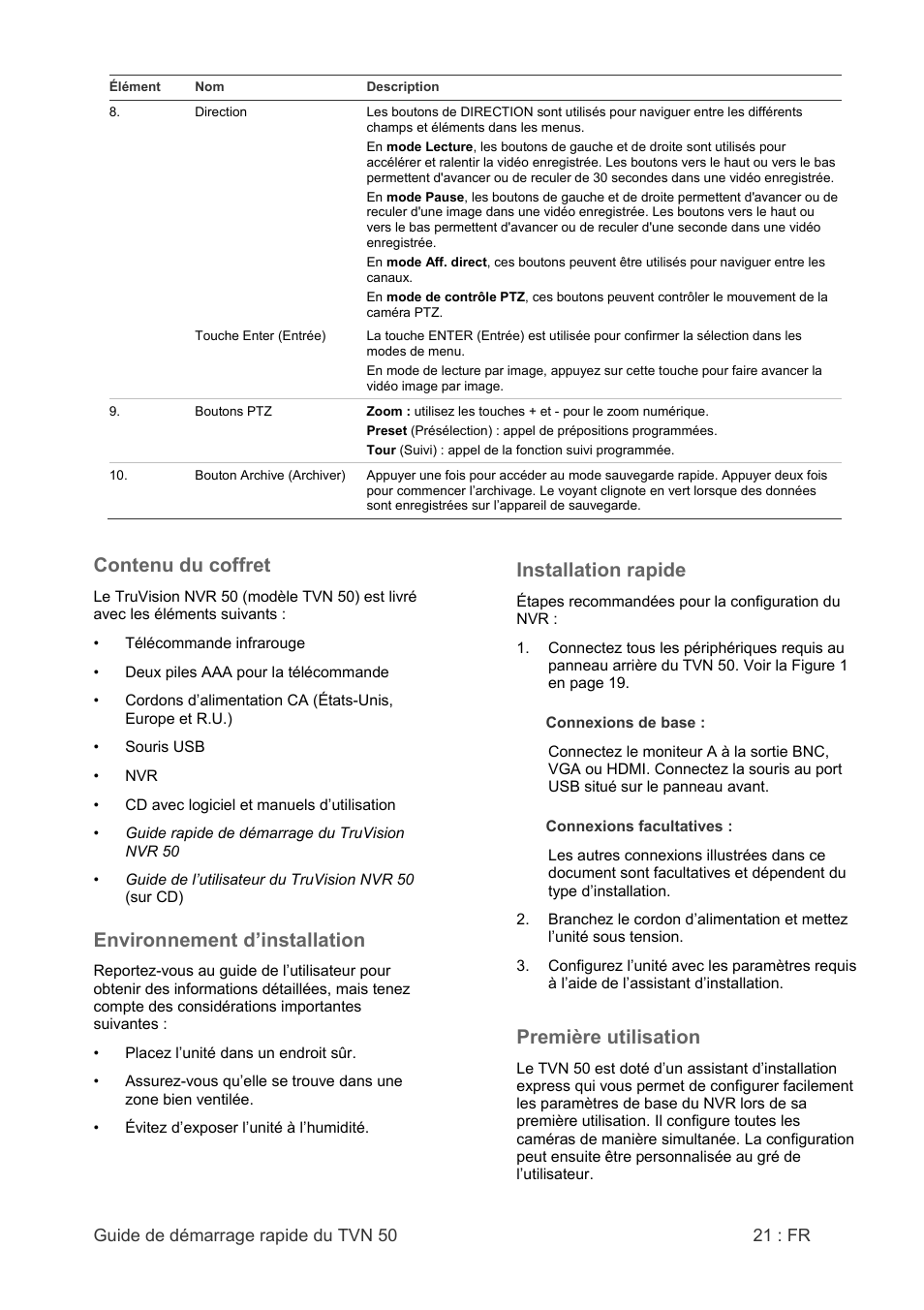 Contenu du coffret, Environnement d’installation, Installation rapide | Première utilisation | Interlogix NVR 50 Quick Start User Manual | Page 23 / 64