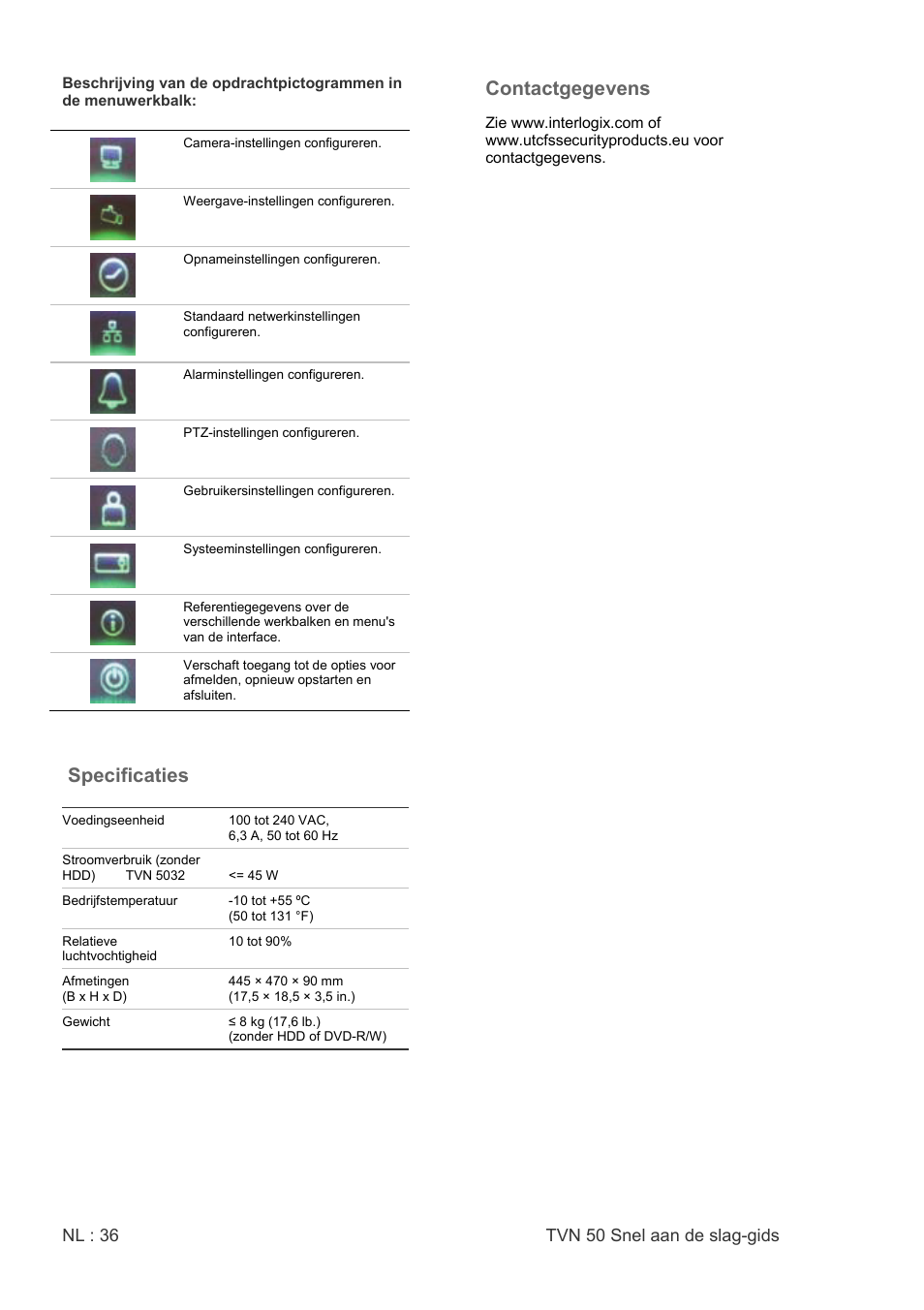 Specificaties, Contactgegevens | Interlogix NVR 50 Quick Start User Manual | Page 38 / 64