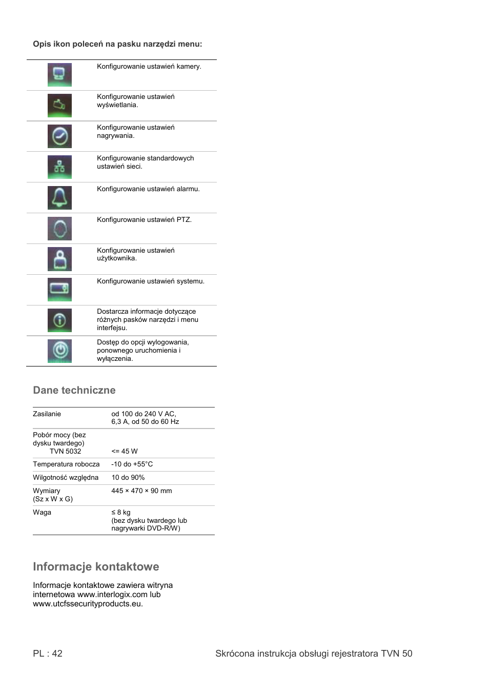 Informacje kontaktowe, Dane techniczne | Interlogix NVR 50 Quick Start User Manual | Page 44 / 64