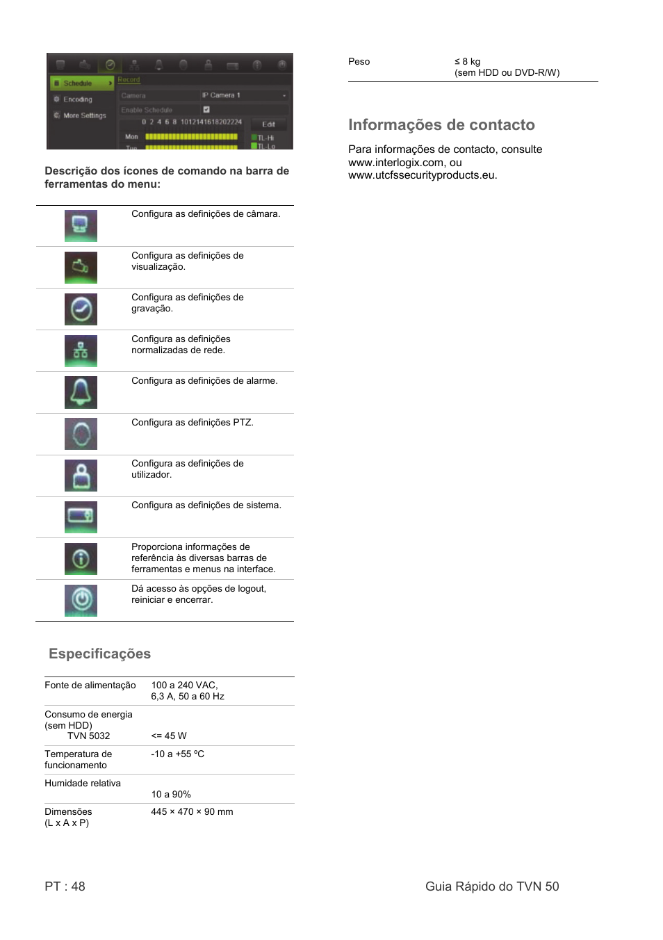 Informações de contacto, Especificações | Interlogix NVR 50 Quick Start User Manual | Page 50 / 64