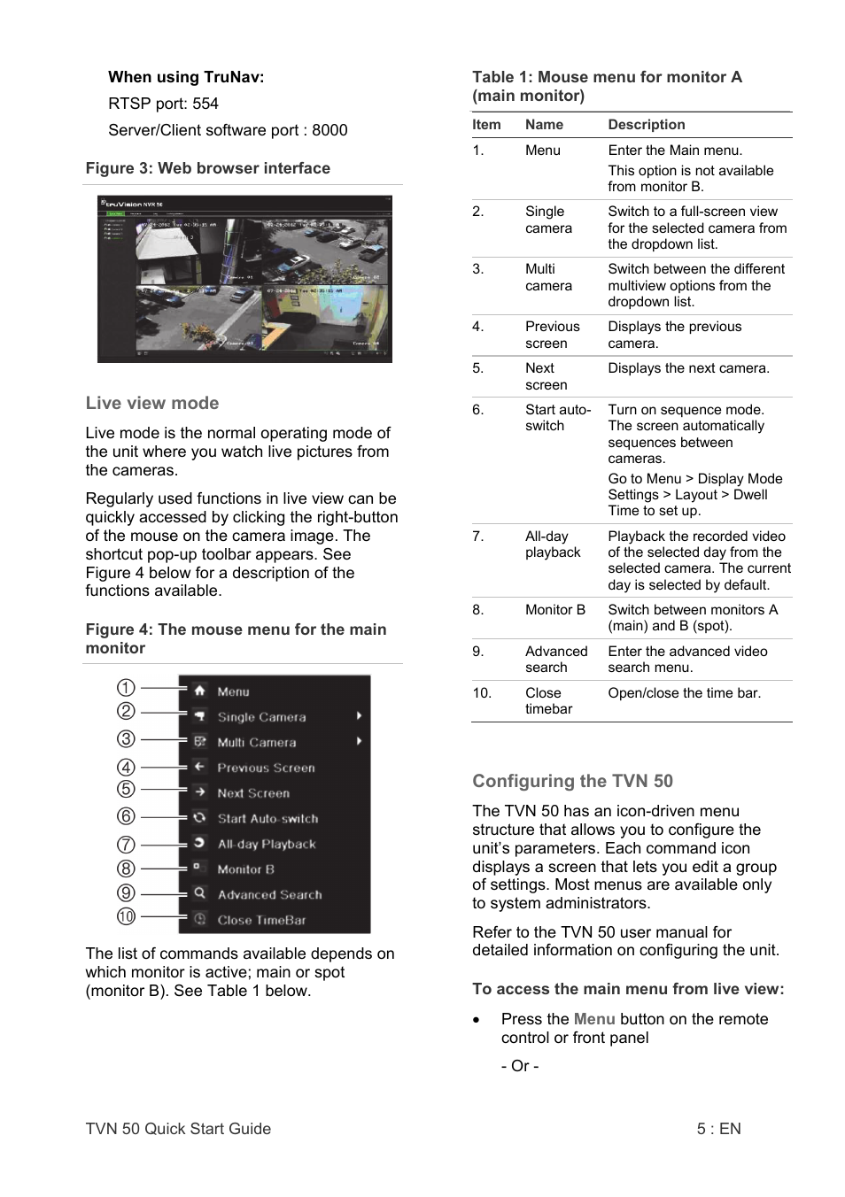 Live view mode, Configuring the tvn 50 | Interlogix NVR 50 Quick Start User Manual | Page 7 / 64