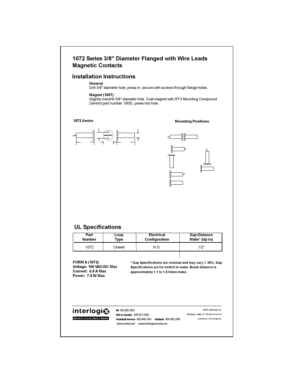 Ul specifications | Interlogix 1072 Series User Manual | Page 2 / 2