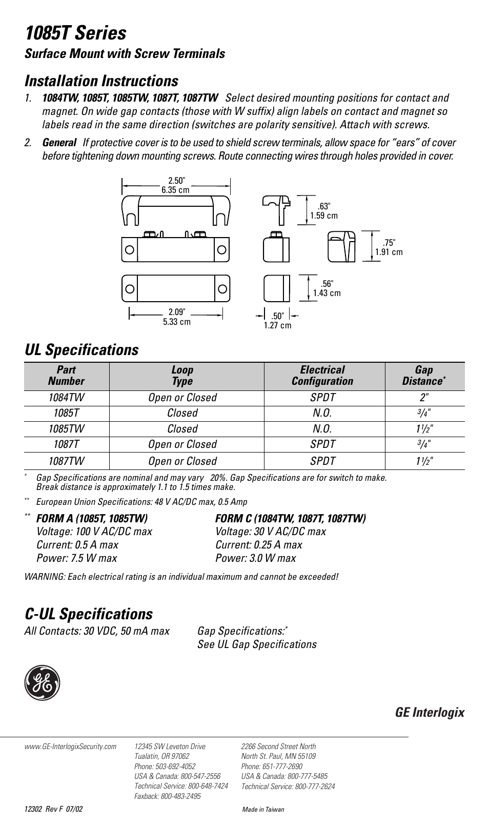 1085t series, Ul specifications, C-ul specifications | Installation instructions, Surface mount with screw terminals, Ge interlogix | Interlogix 1085T Series User Manual | Page 2 / 2