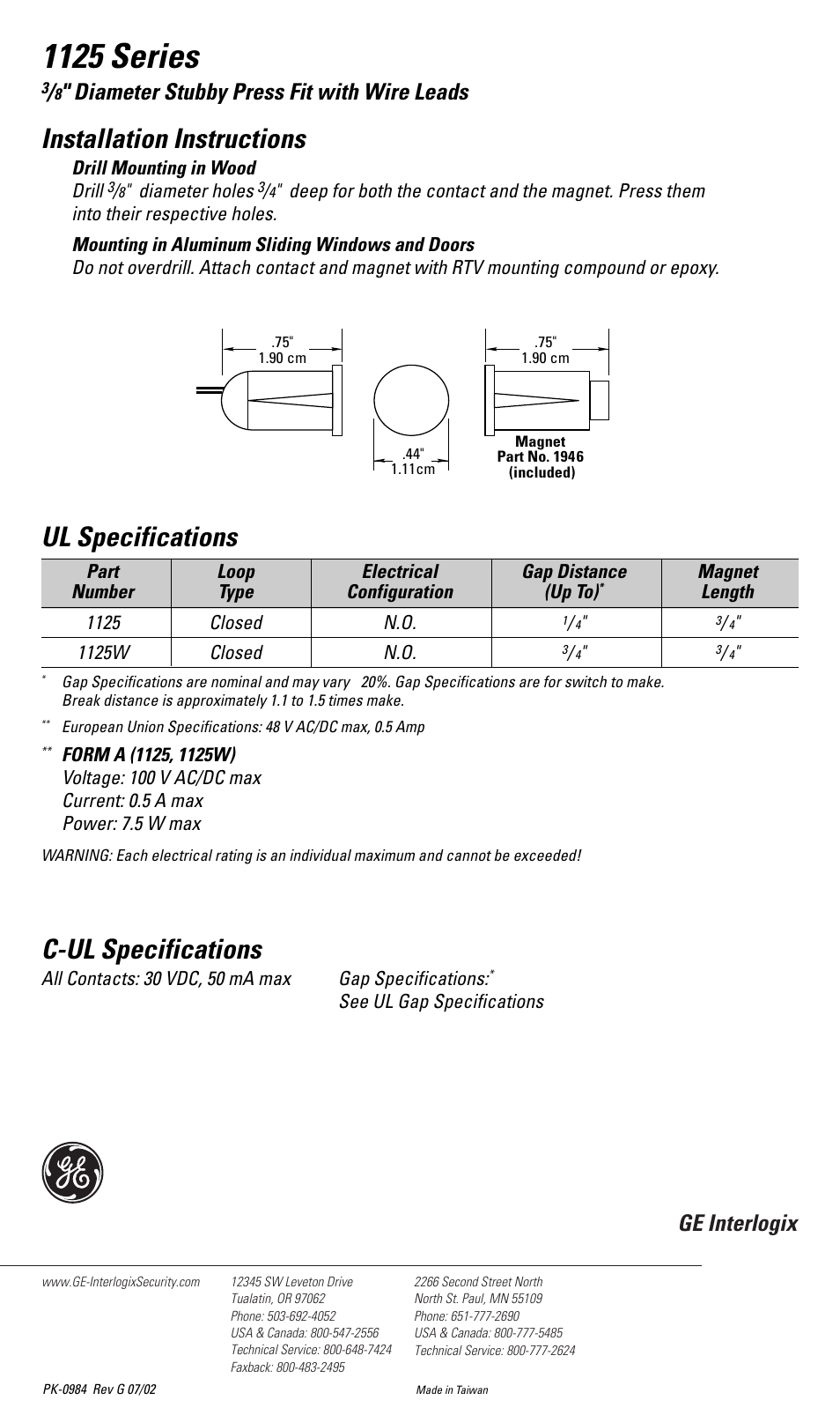 1125 series, Ul specifications, C-ul specifications | Installation instructions, Diameter stubby press fit with wire leads, Ge interlogix | Interlogix 1125 Series User Manual | Page 2 / 2