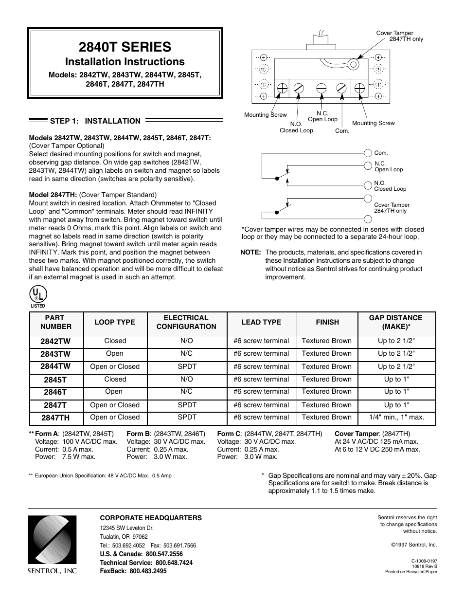 Interlogix 2840T Series User Manual | 1 page