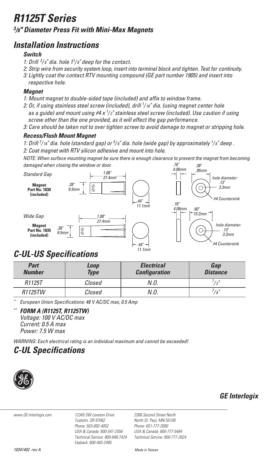 R1125t series, Installation instructions, C-ul specifications | C-ul-us specifications, Diameter press fit with mini-max magnets, Ge interlogix | Interlogix R1125T Series User Manual | Page 2 / 2