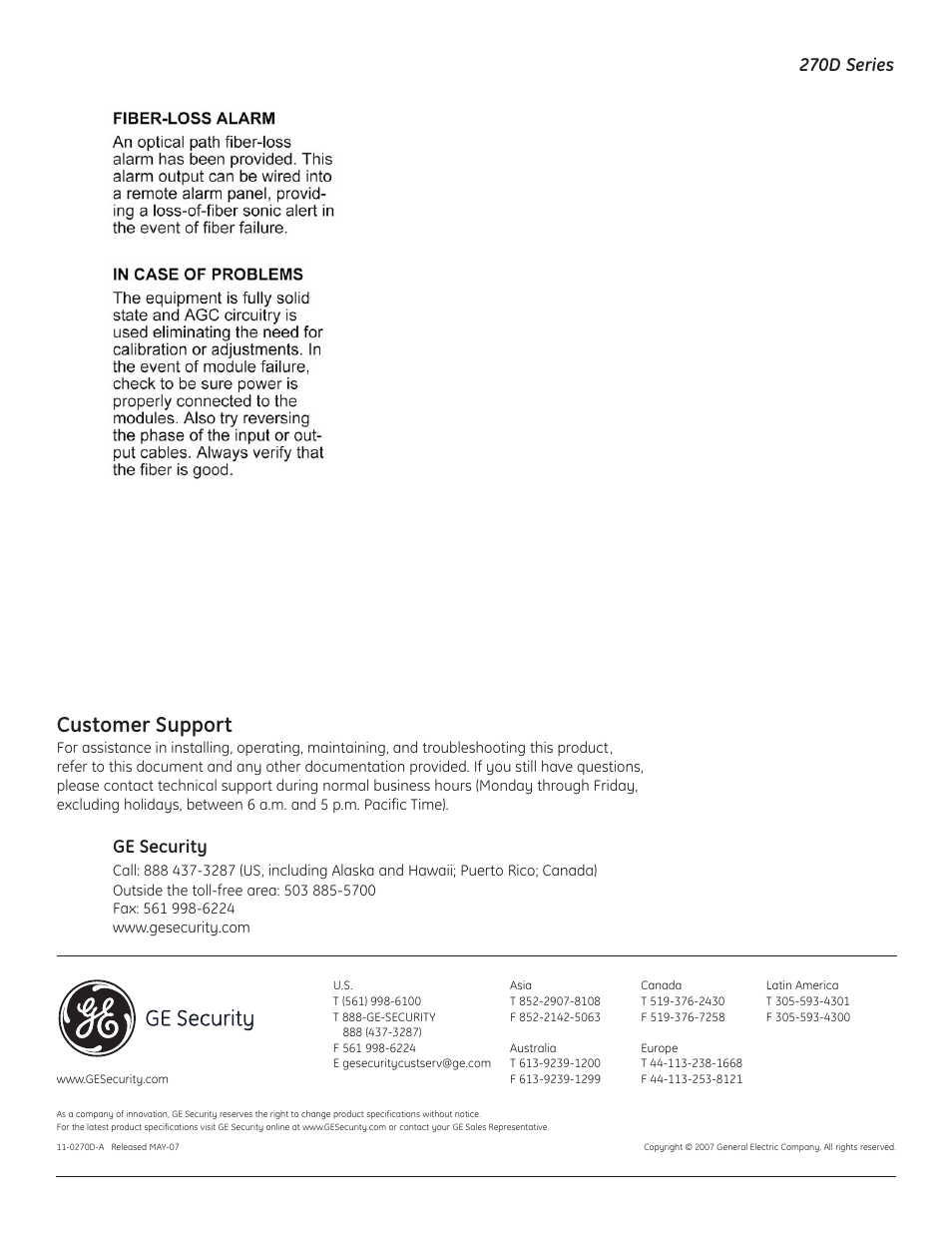 Customer support, Ge security, 270d series | Interlogix 270D User Manual | Page 5 / 5