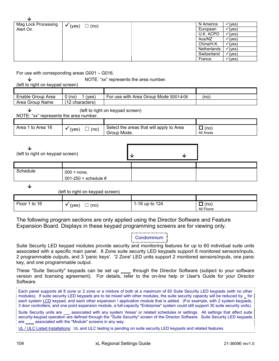 Program section: g001 (group area), Program section: q001 (floor maps), C001 - c060 (suite security led keypads) | Save q001 | Interlogix XL LCD Keypad Plus Regional Settings Guide User Manual | Page 108 / 121