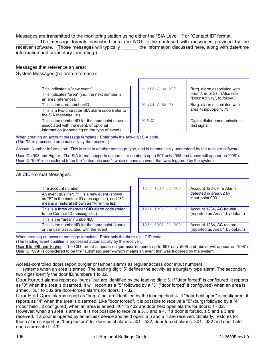 Transmitted messages (sia & contact-id), General message format, Sia level ii format | Contact id format, Door activity | Interlogix XL LCD Keypad Plus Regional Settings Guide User Manual | Page 110 / 121