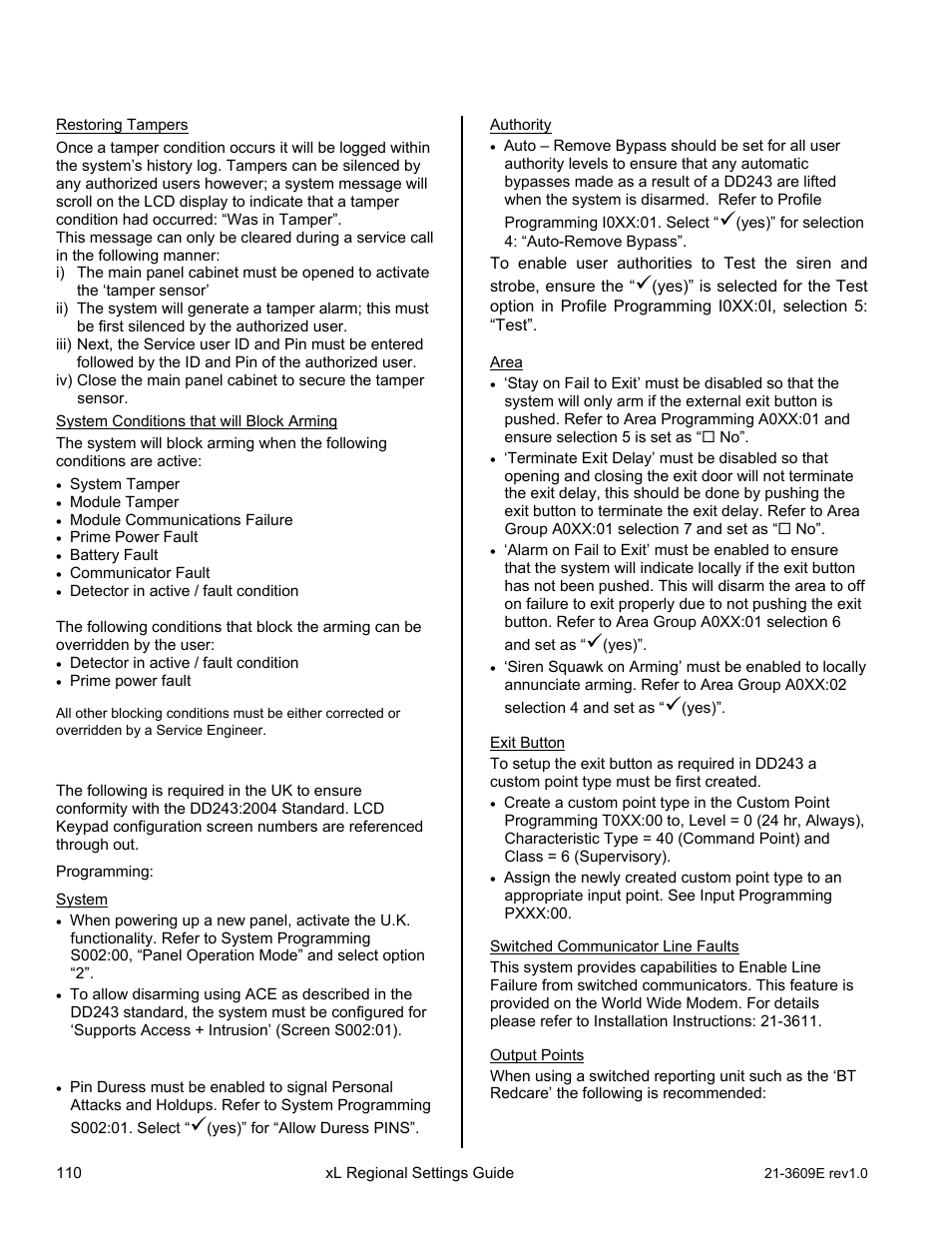 European and acpo installations, Acpo installation requirements | Interlogix XL LCD Keypad Plus Regional Settings Guide User Manual | Page 114 / 121