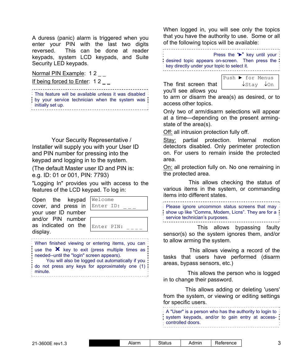 Logging into the keypad (user id and/or pin), Overview of screens (topics) | Interlogix XL LCD Keypad Plus User Guide User Manual | Page 11 / 54