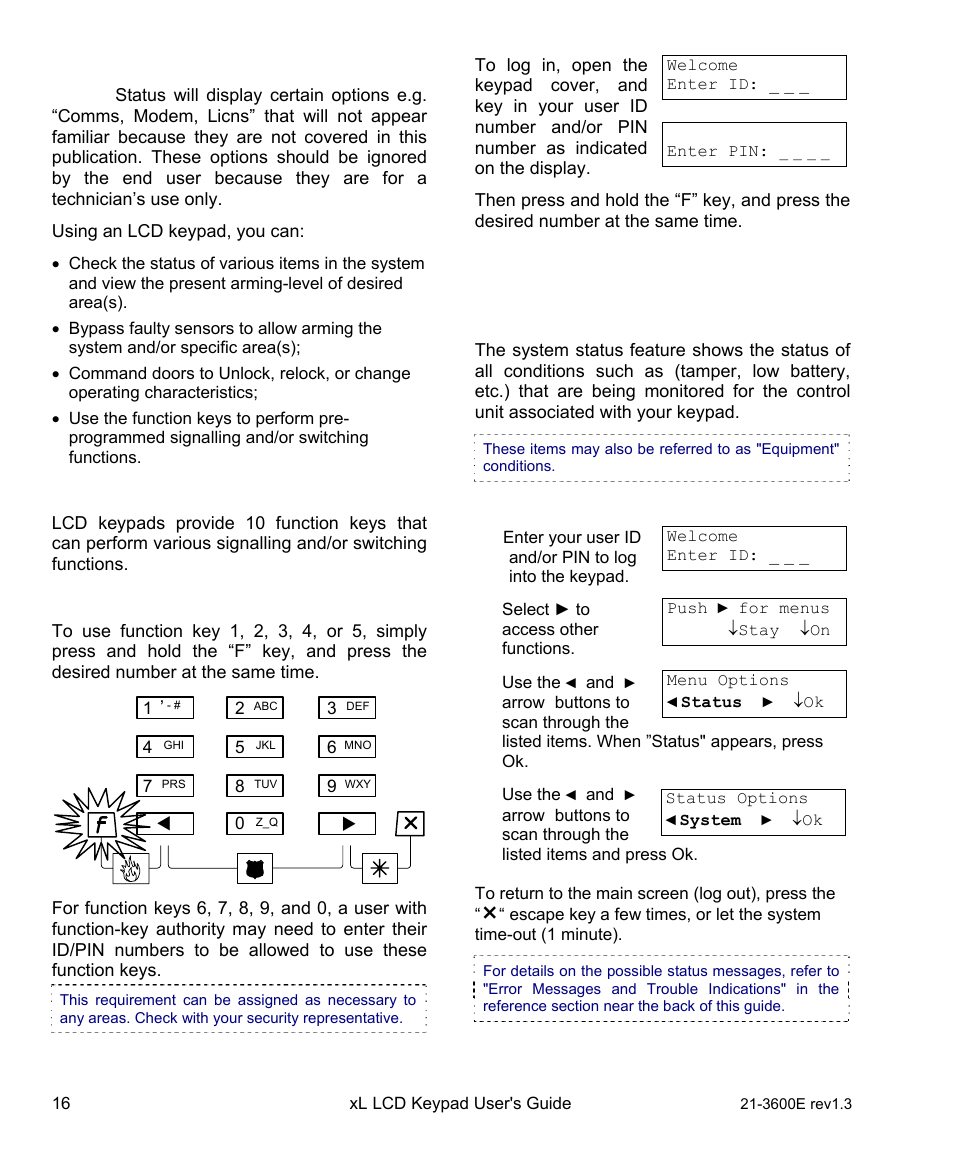 Status and control features, Using the function keys, Checking the system status | Interlogix XL LCD Keypad Plus User Guide User Manual | Page 24 / 54