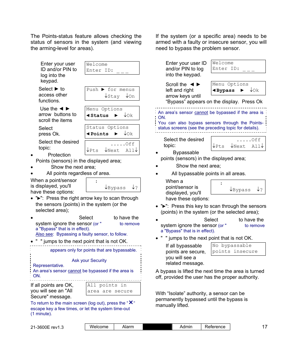 Checking the status of sensors (points) and areas, Bypassing or isolating a faulty sensor | Interlogix XL LCD Keypad Plus User Guide User Manual | Page 25 / 54