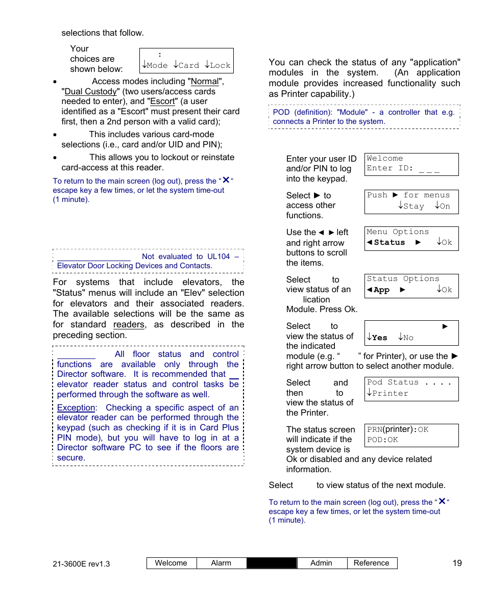 Checking the status of an application module (pod) | Interlogix XL LCD Keypad Plus User Guide User Manual | Page 27 / 54