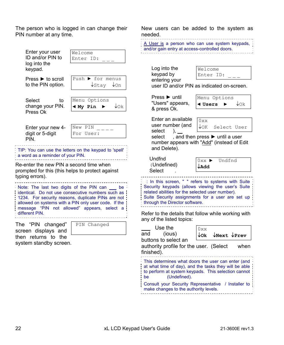 Changing your own pin, Adding a user to the system | Interlogix XL LCD Keypad Plus User Guide User Manual | Page 30 / 54