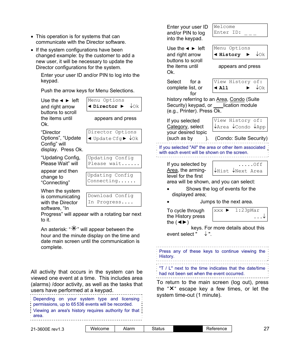 Viewing the history, Printing the history log | Interlogix XL LCD Keypad Plus User Guide User Manual | Page 35 / 54
