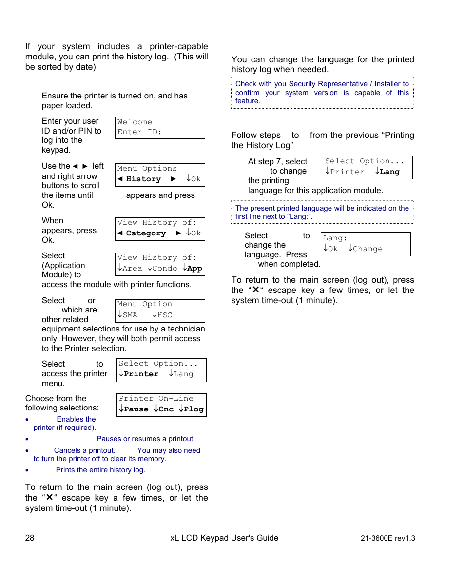 Changing the printed history language, Printing the history log | Interlogix XL LCD Keypad Plus User Guide User Manual | Page 36 / 54