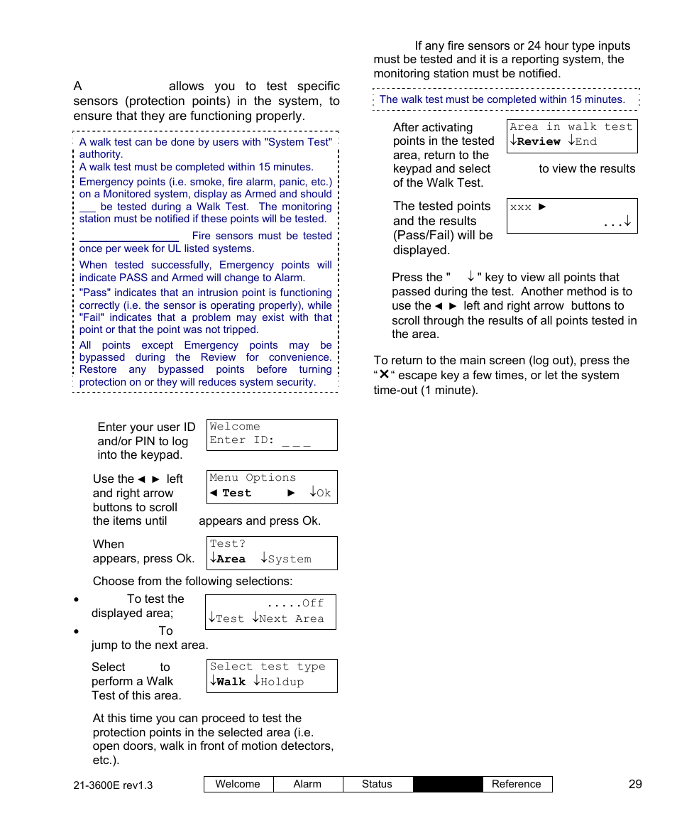 Testing monitored sensors (performing a walk test) | Interlogix XL LCD Keypad Plus User Guide User Manual | Page 37 / 54