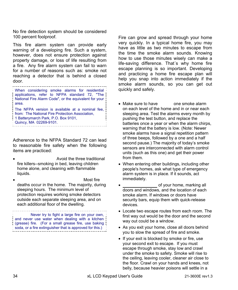 Residential fire safety / evacuation plan, Residential installations, Practicing fire safety | Interlogix XL LCD Keypad Plus User Guide User Manual | Page 42 / 54