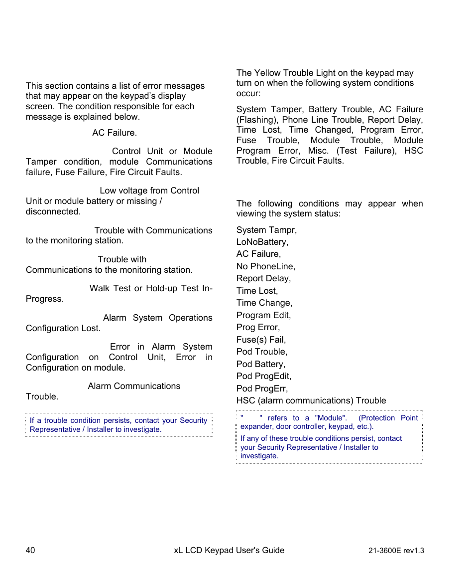 Error messages and trouble indications, Keypad screen display error messages, Keypad yellow trouble light | System status trouble | Interlogix XL LCD Keypad Plus User Guide User Manual | Page 48 / 54