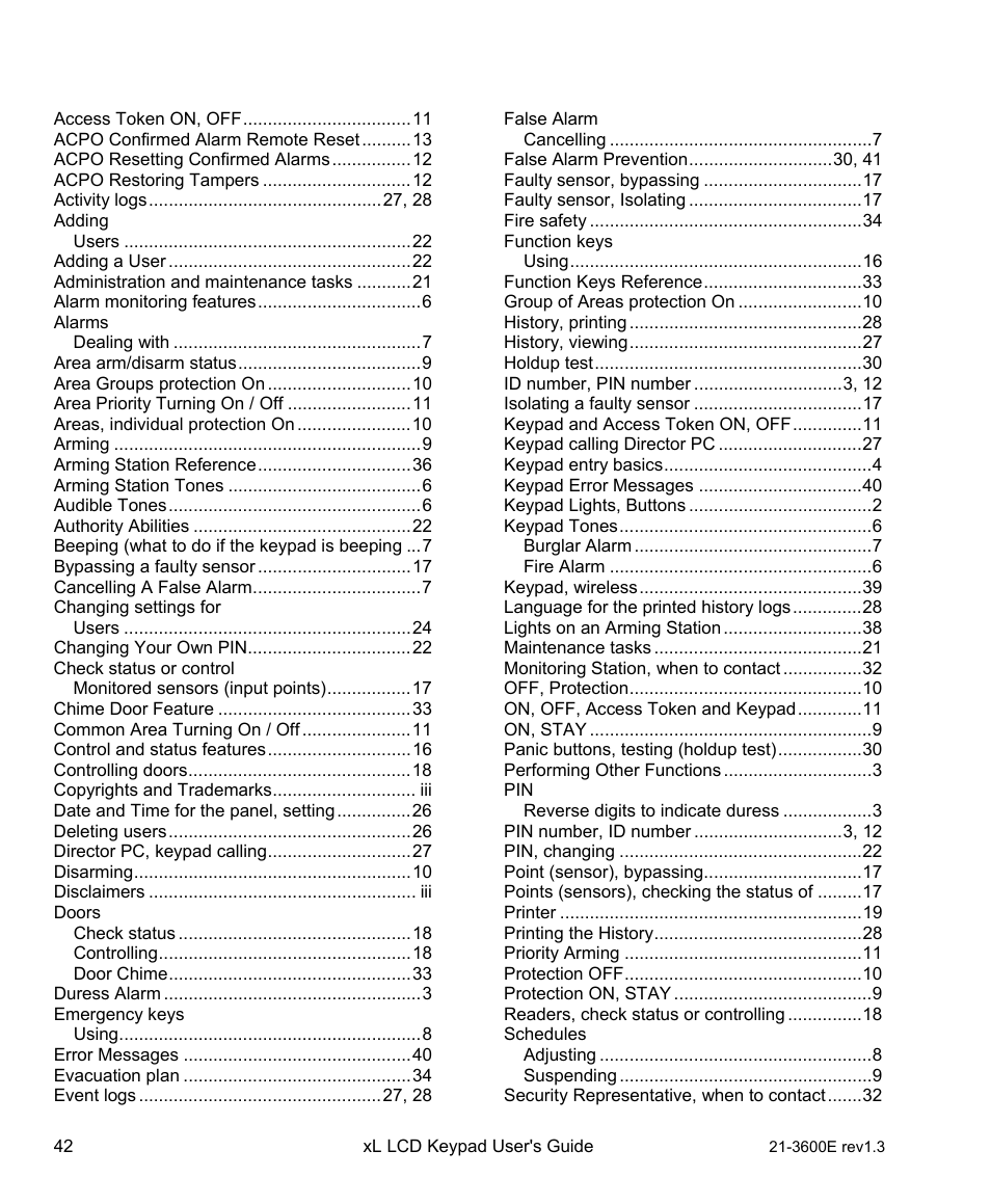 Index | Interlogix XL LCD Keypad Plus User Guide User Manual | Page 50 / 54