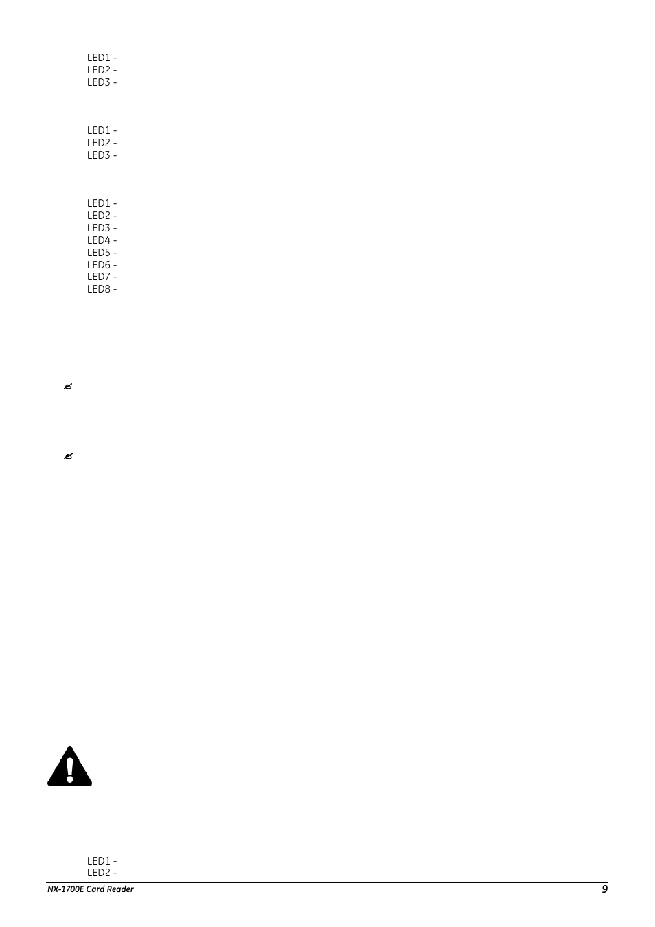 Segment 2 led1 (green) options, Segment 3 led2 (red) options, Segment 4 reader partition | Location 243 programming the zones, Segment 1 door shunt zone, Segment 2 request to exit (rte) zone, Location 244 programming the various reader timers, Segment 1 scan time, Segment 2 relay active time, Segment 3 door fault warning time | Interlogix NX-1700E User Manual | Page 9 / 18