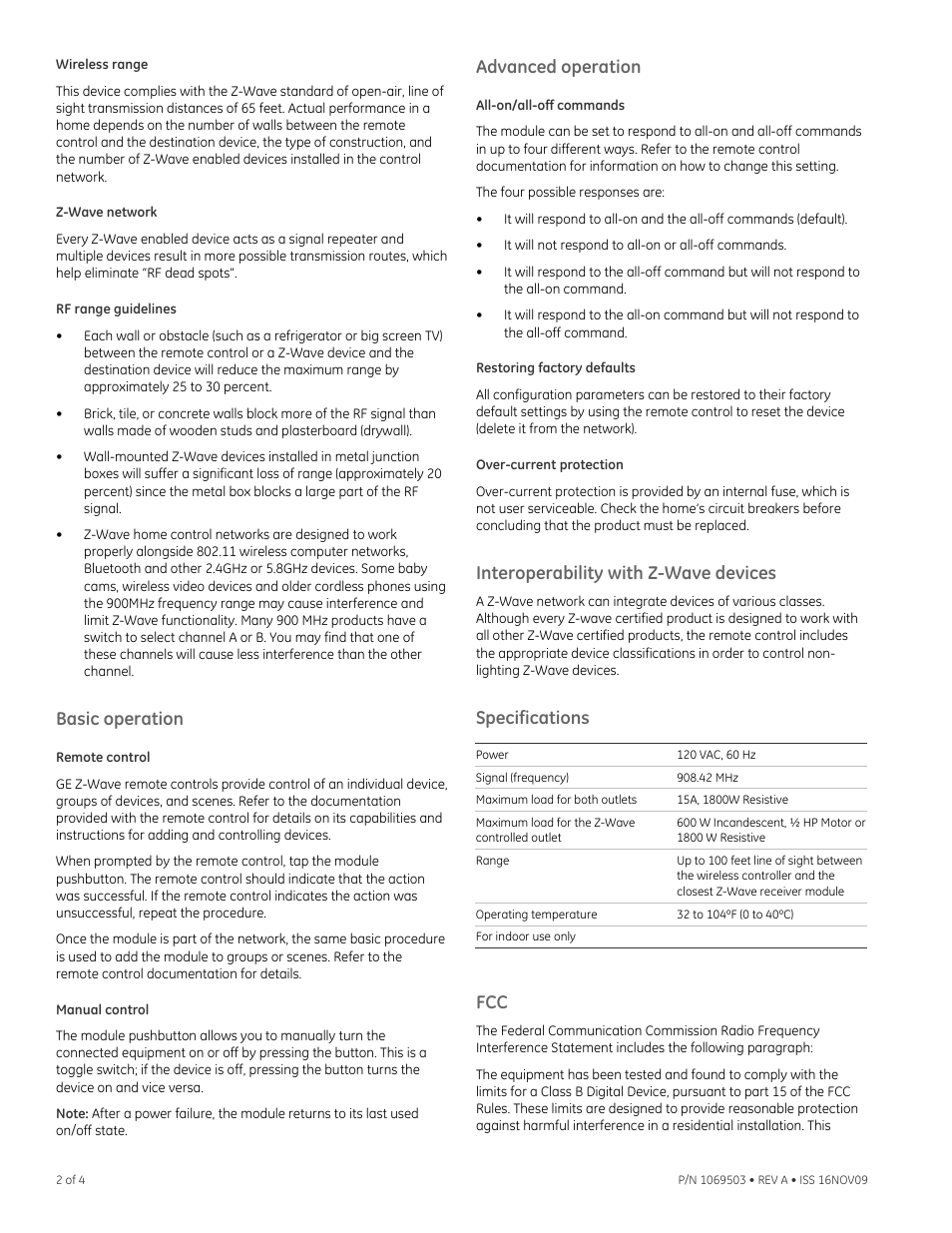 Wireless range, Z-wave network, Rf range guidelines | Basic operation, Remote control, Manual control, Advanced operation, All-on/all-off commands, Restoring factory defaults, Over-current protection | Interlogix IS-ZW-AM-1 User Manual | Page 2 / 4