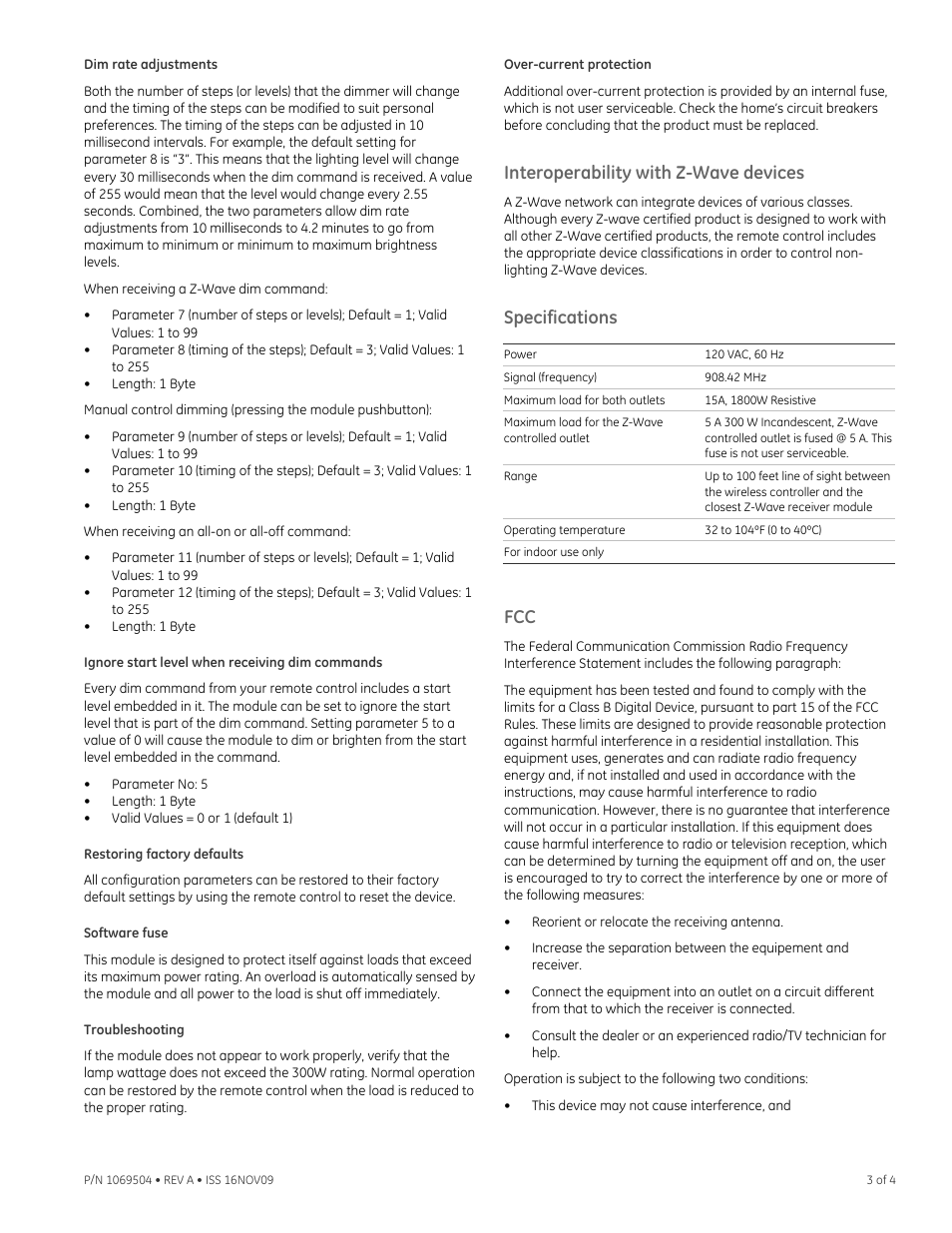 Dim rate adjustments, Ignore start level when receiving dim commands, Restoring factory defaults | Software fuse, Troubleshooting, Over-current protection, Interoperability with z-wave devices, Specifications | Interlogix IS-ZW-LM-1 User Manual | Page 3 / 4