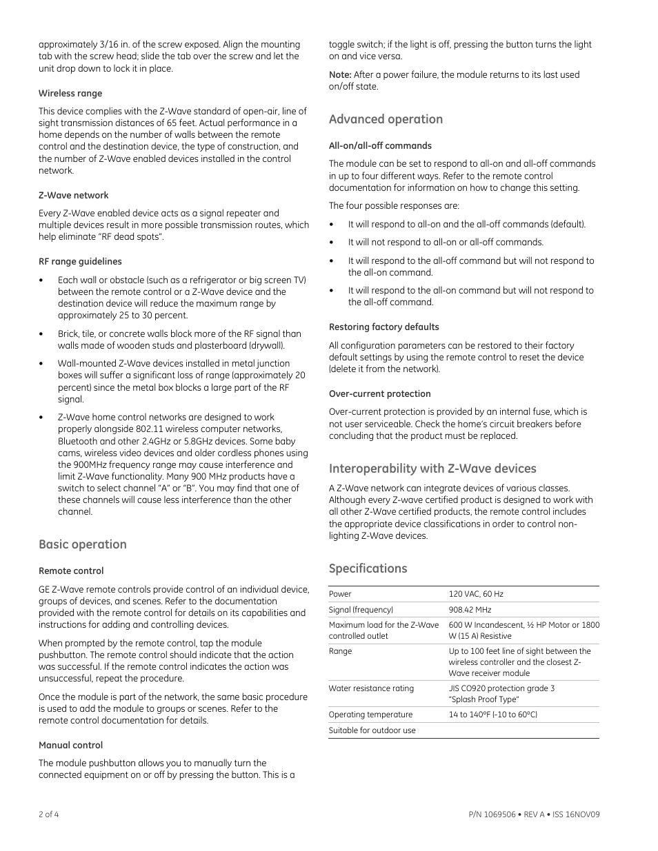 Wireless range, Z-wave network, Rf range guidelines | Basic operation, Remote control, Manual control, Advanced operation, All-on/all-off commands, Restoring factory defaults, Over-current protection | Interlogix IS-ZW-OM-1 User Manual | Page 2 / 4