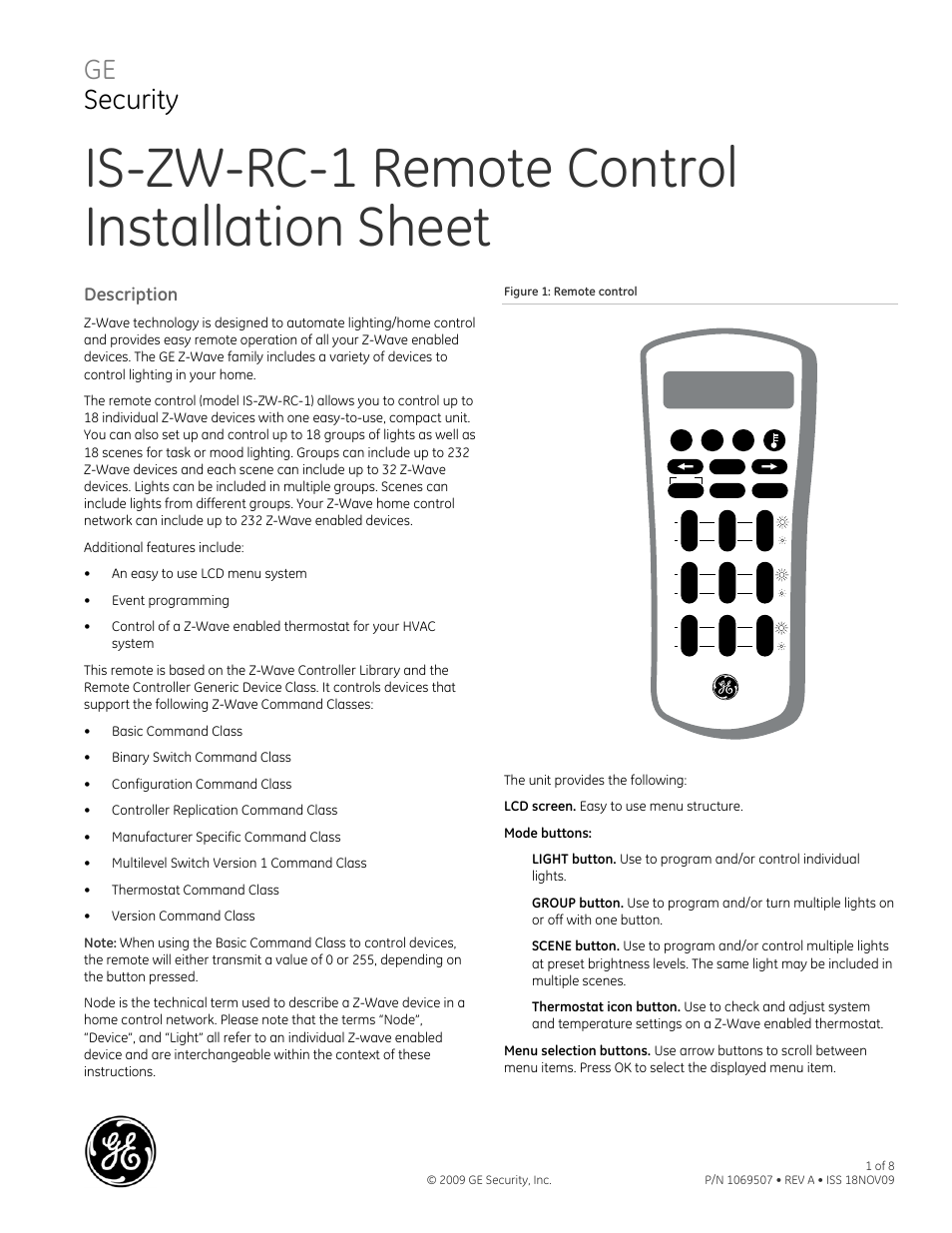 Interlogix IS-ZW-RC-1 User Manual | 8 pages