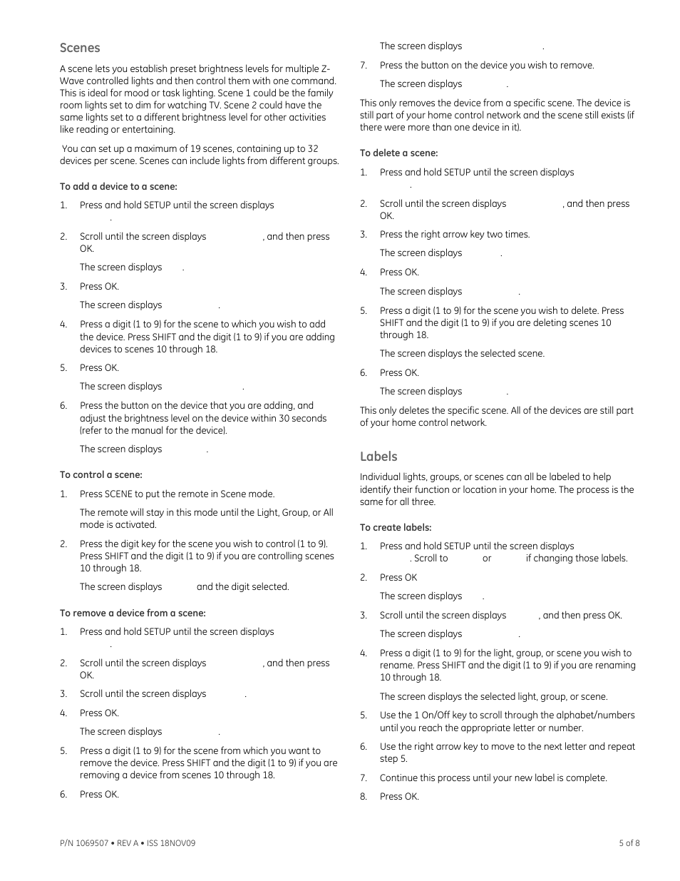 Scenes, To delete a scene, Labels | Interlogix IS-ZW-RC-1 User Manual | Page 5 / 8