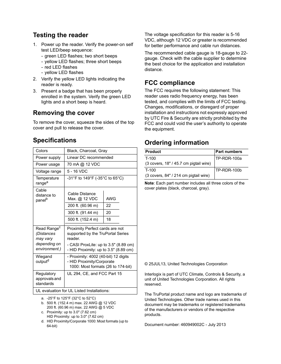 Testing the reader, Removing the cover, Specifications | Fcc compliance, Ordering information | Interlogix T-100 User Manual | Page 2 / 2