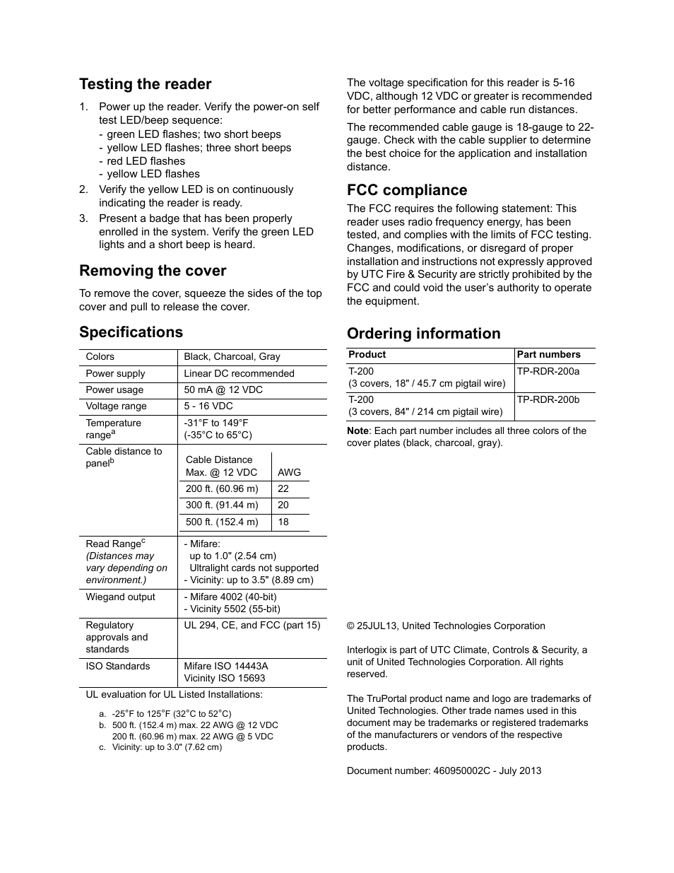 Testing the reader, Removing the cover, Specifications | Fcc compliance, Ordering information | Interlogix T-200 User Manual | Page 2 / 2