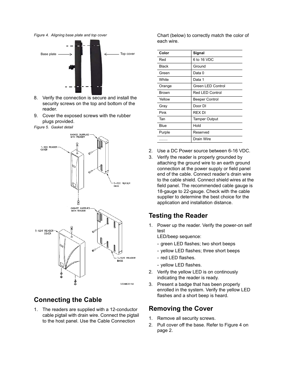 Connecting the cable, Testing the reader, Removing the cover | Interlogix T-500 User Manual | Page 2 / 4