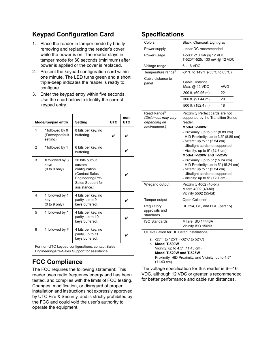 Keypad configuration card, Fcc compliance, Specifications | Interlogix T-500 User Manual | Page 3 / 4