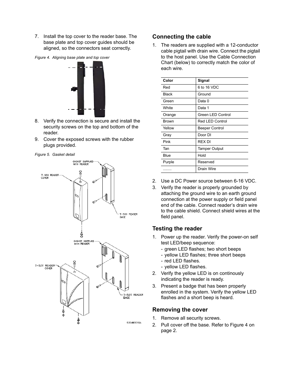 Connecting the cable, Testing the reader, Removing the cover | Interlogix T-500-PIV User Manual | Page 2 / 3