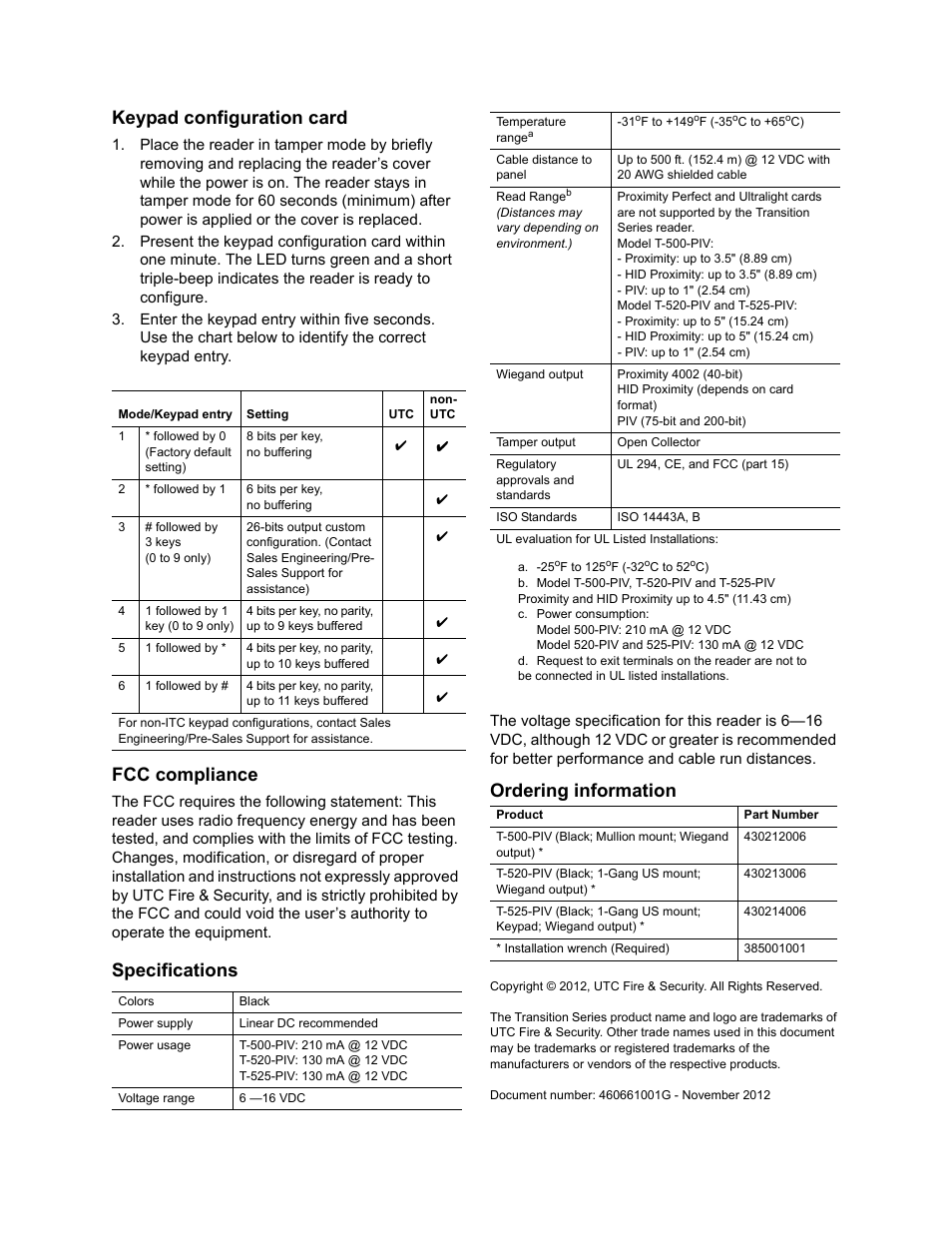 Keypad configuration card, Fcc compliance, Specifications | Ordering information | Interlogix T-500-PIV User Manual | Page 3 / 3