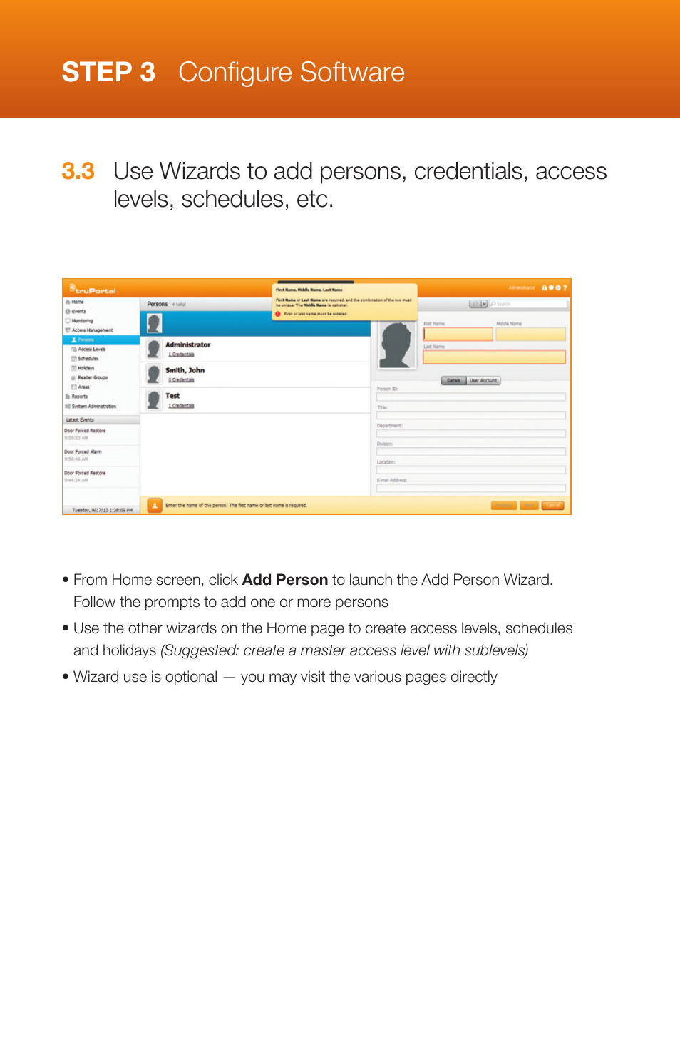 Step 3 conﬁ gure software | Interlogix TruPortal Quick Start User Manual | Page 14 / 20