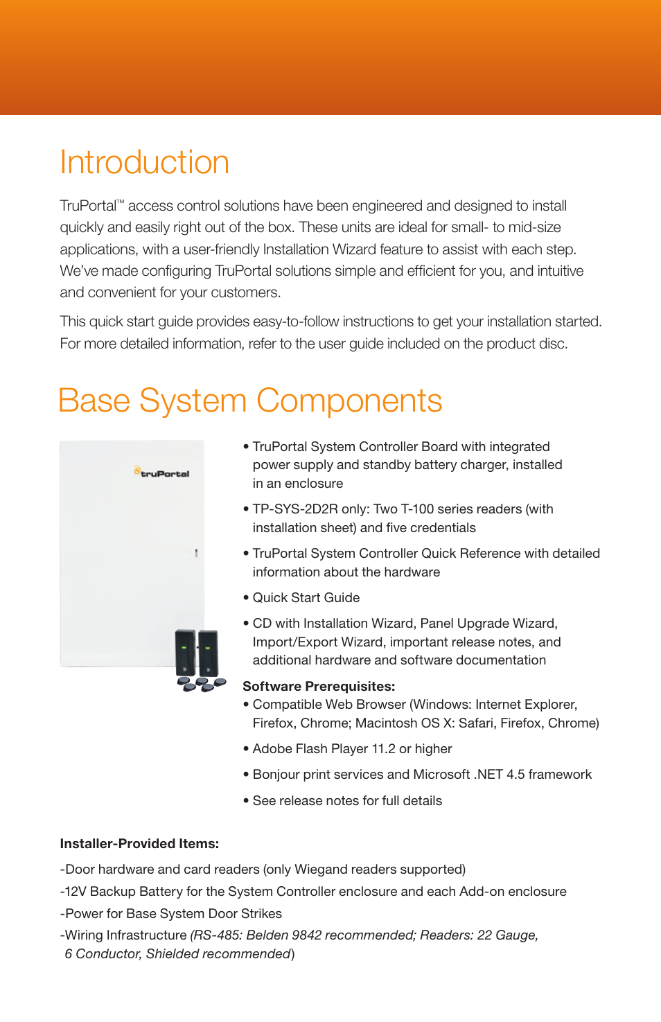 Introduction, Base system components | Interlogix TruPortal Quick Start User Manual | Page 2 / 20