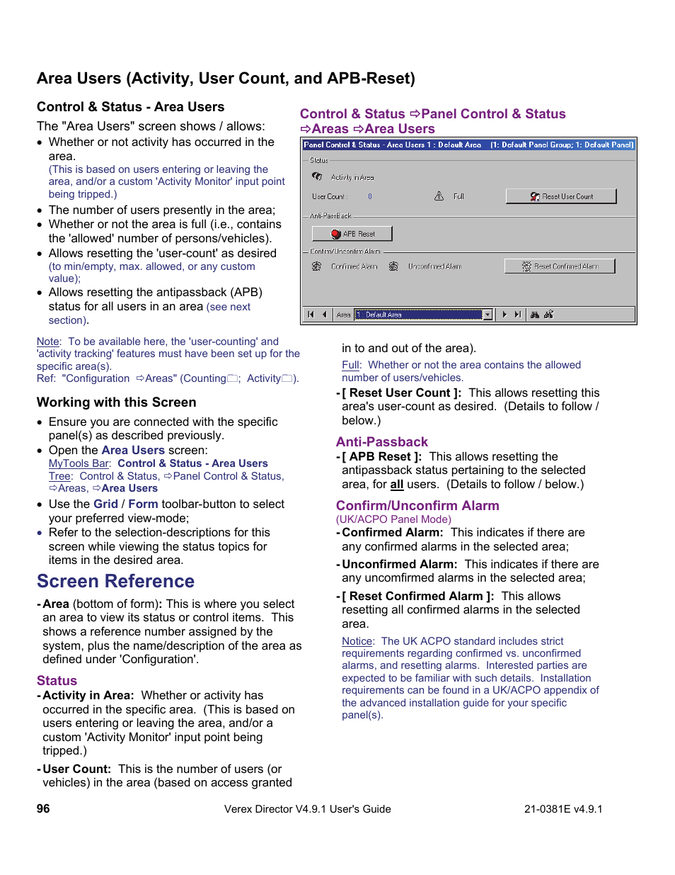Screen reference, Area users (activity, user count, and apb-reset) | Interlogix VEREX Director User Manual | Page 104 / 383