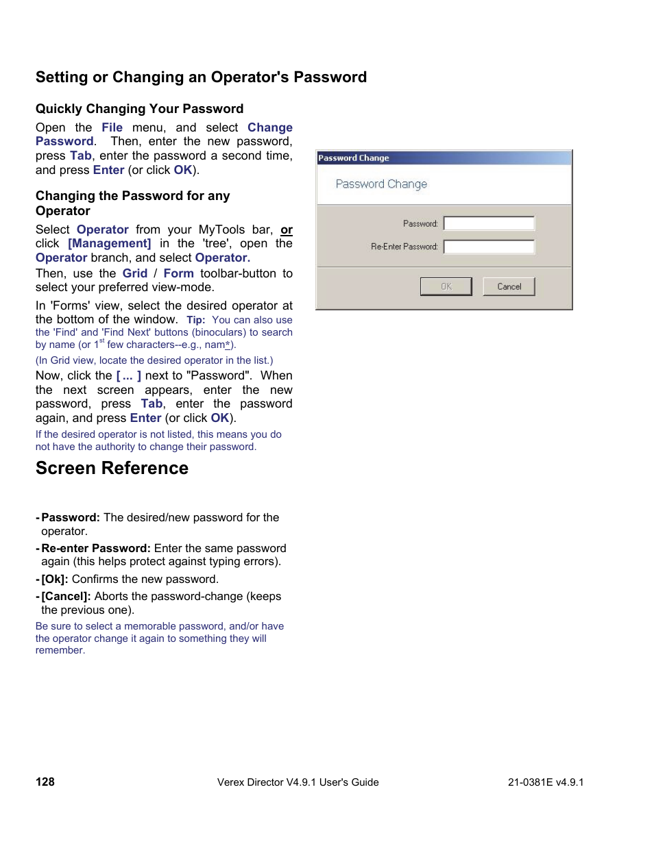 Screen reference, Setting or changing an operator's password | Interlogix VEREX Director User Manual | Page 136 / 383