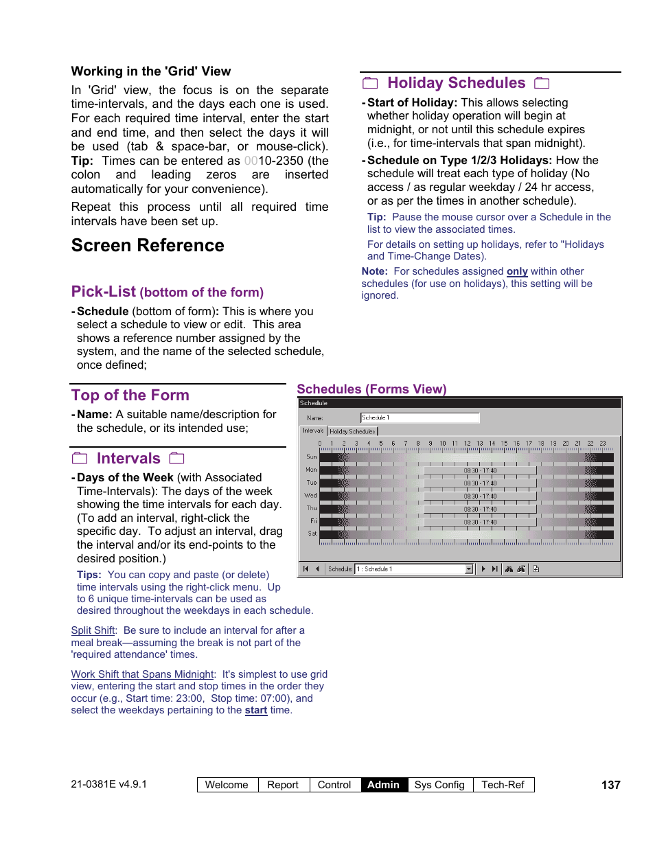 Screen reference, Pick-list, Top of the form | Intervals, Holiday schedules | Interlogix VEREX Director User Manual | Page 145 / 383