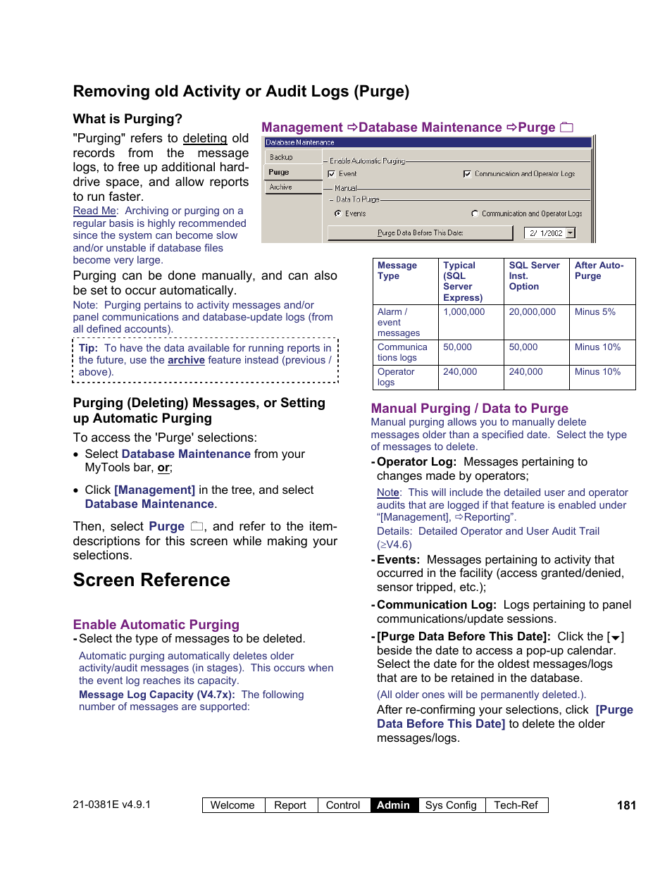 Screen reference, Removing old activity or audit logs (purge) | Interlogix VEREX Director User Manual | Page 189 / 383
