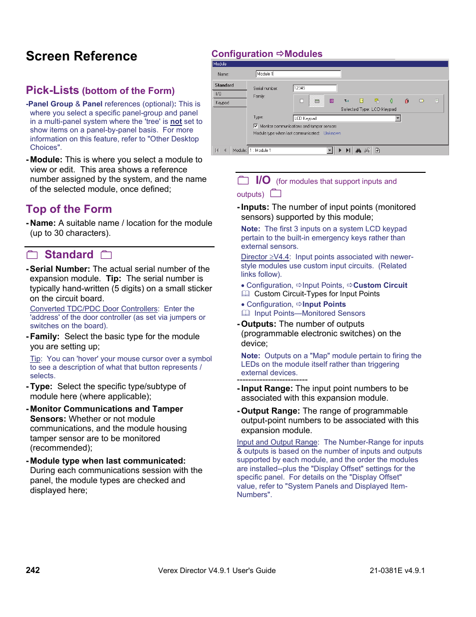 Screen reference, Pick-lists, Top of the form | Standard | Interlogix VEREX Director User Manual | Page 250 / 383