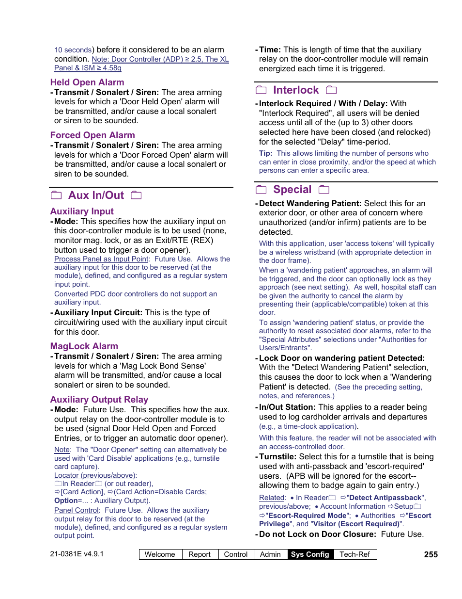 Aux in/out, Interlock, Special | Interlogix VEREX Director User Manual | Page 263 / 383