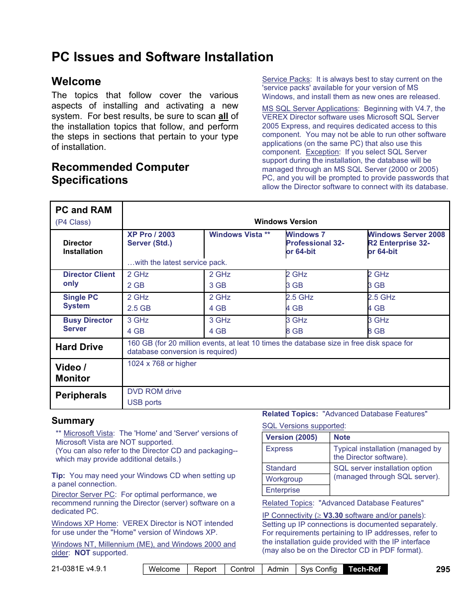 Pc issues and software installation, Welcome, Recommended computer specifications | Interlogix VEREX Director User Manual | Page 303 / 383