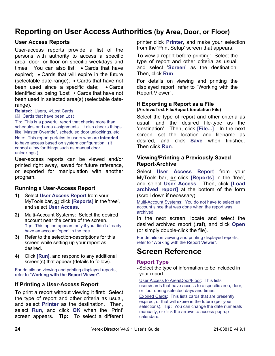 Screen reference, Reporting on user access authorities, By area, door, or floor) | Interlogix VEREX Director User Manual | Page 32 / 383
