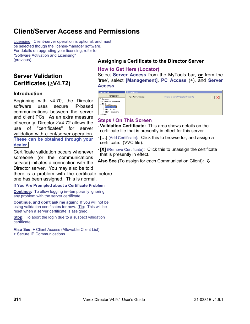 Client/server access and permissions, Server validation certificates (  v4.72) | Interlogix VEREX Director User Manual | Page 322 / 383